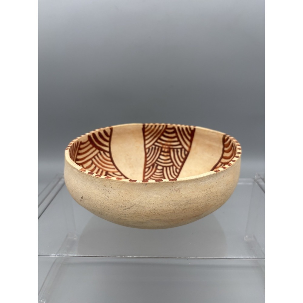 Vintage Wooden Pottery Bowl Beige & Brown Handmade Home Decor 7" x 3.5" - Picture 2 of 10